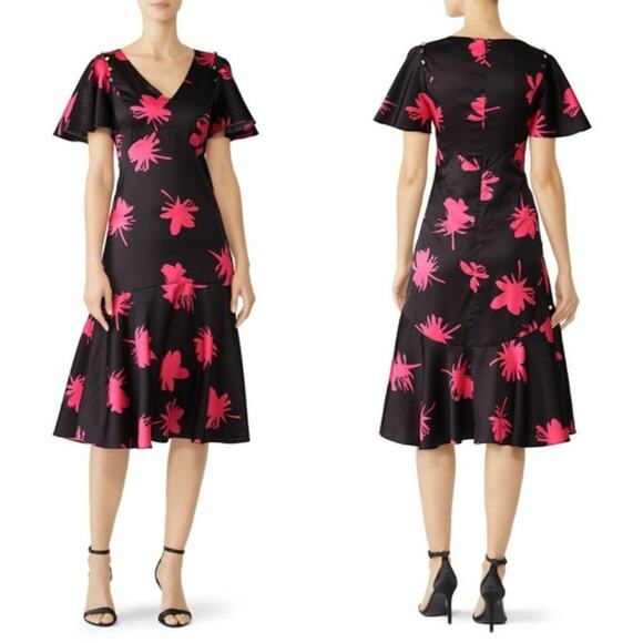 Prabal Gurung Midi Dress Tulip Floral Print V-Neck Flutter Short Sleeve sz 6 - Picture 1 of 11